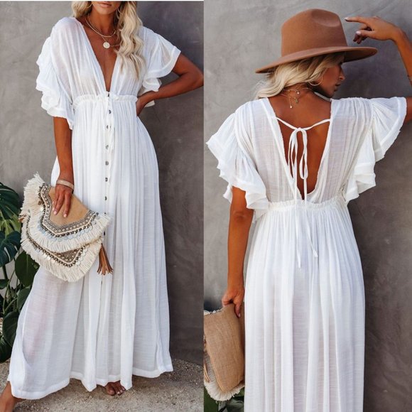 New Bohemian Long White Gauze Maxi Summer Dress - Picture 2 of 11